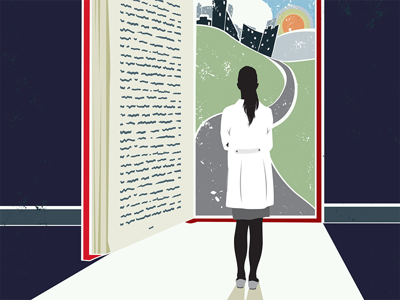 illustration of doctor with a book to help children learn to read