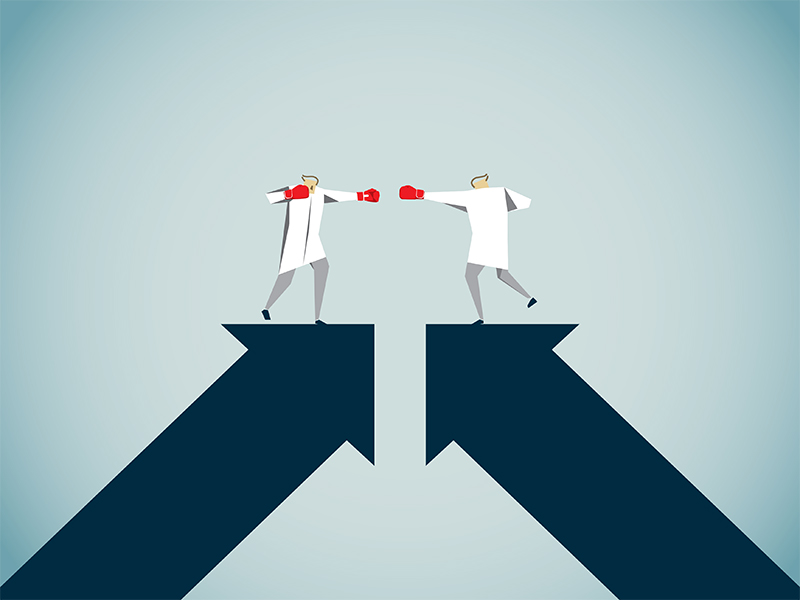 Illustration of an MD and a DO explaining their differences